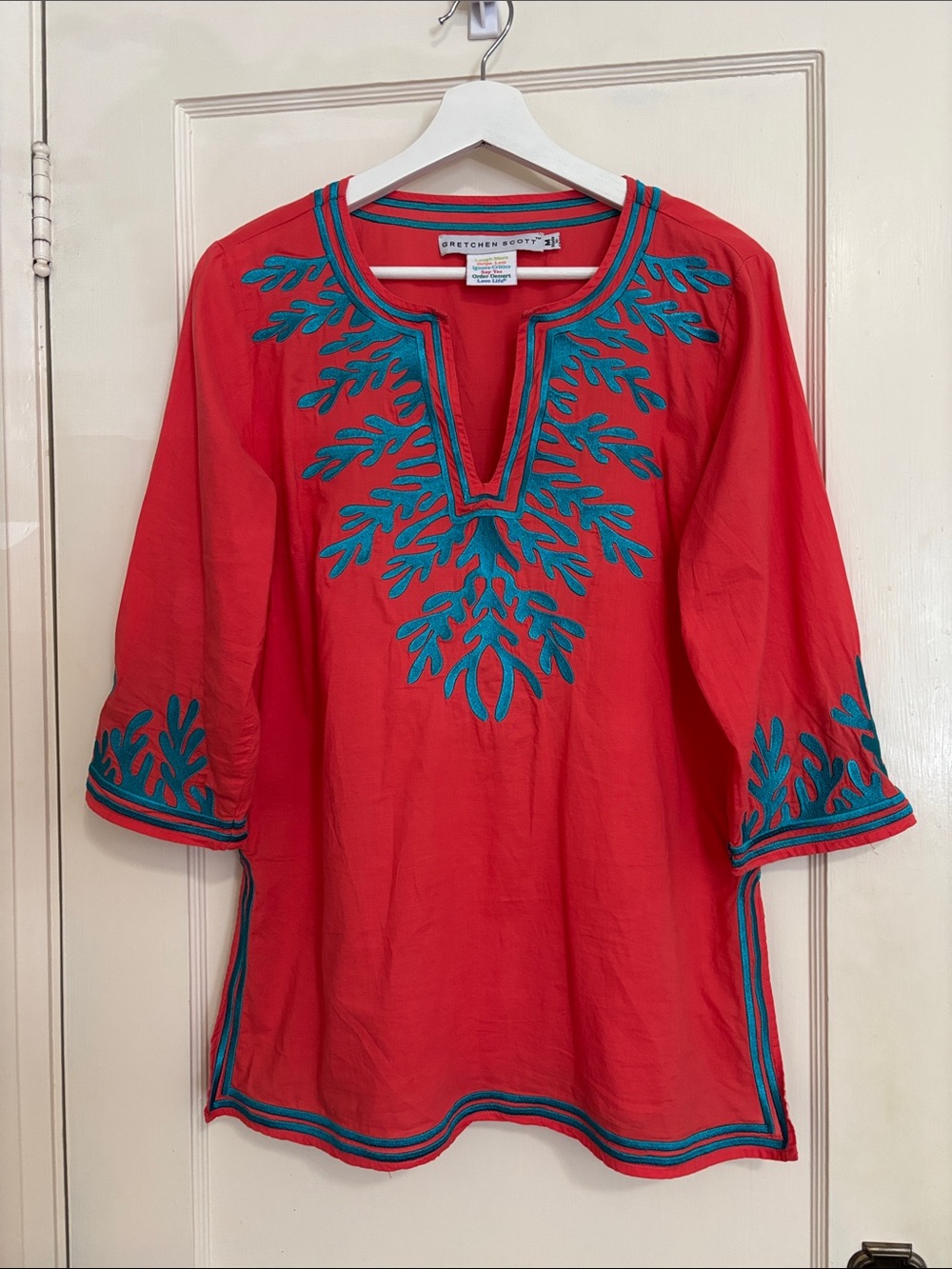 Gretchen Scott Tunic Coral with Teal Embroidery
